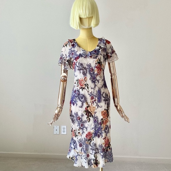 Lapis Floral Print Silk Ruffle Collar Short Sleeve Midi Dress SZ S - Picture 1 of 5